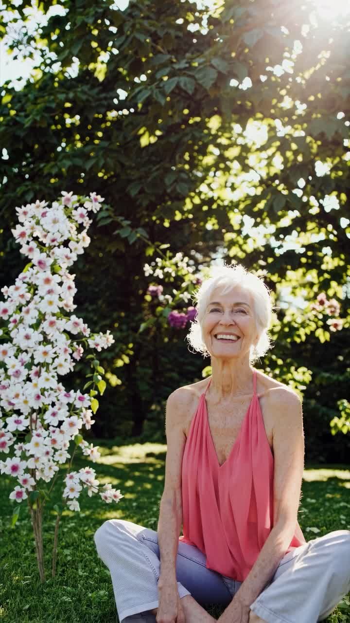 A joyful elderly woman sits cross-legged in a garden, sunlight filtering through trees