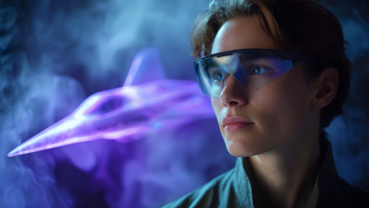 Una visione futuristica dell'aviazione con un giovane pilota che indossa occhiali protettivi eleganti e guarda con sicurezza un velivolo avanzato e traslucido tra vapori turbinanti