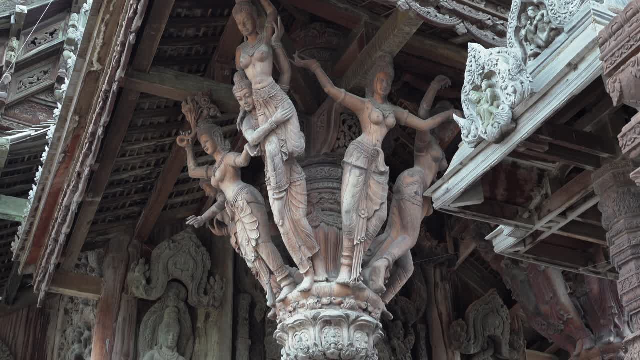 Interior details of pillar and stairs inside the Sanctuary of Truth at Pattaya,Thailand, Wooden temple by the ocean.