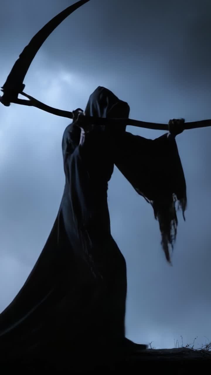 Sagoma inquietante di una figura oscura che brandisce una falce contro un cielo tempestoso, simboleggiando la morte e il passaggio tra la vita e l'aldilà