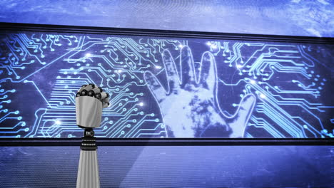 robot hand and a big screen with glowing circuit board and flashing hand