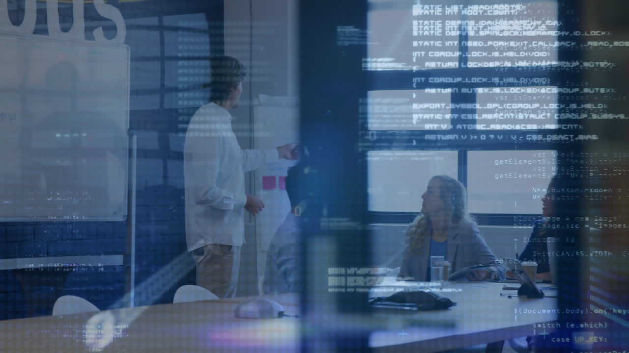 Presenting data to colleagues in office, digital code processing over animation