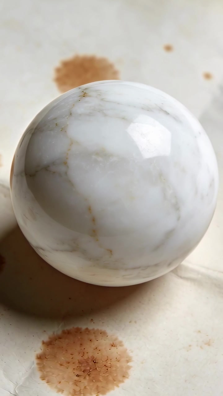 Vertical video: Shifting camera revealing glossy marble sphere rotating on pale paper, brown stains