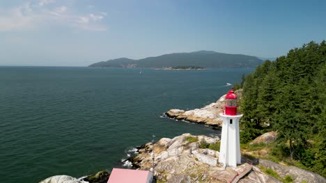 Aerial-orbit-of-lighthouse-and-coastline,-Lighthouse-Park,-West-Vancouver,-BC,-Canada