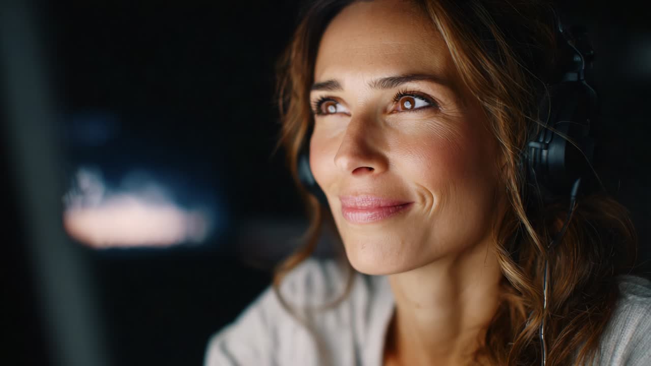 A Content Creator Engaged in Focused Work While Wearing Headphones During Evening Hours, Displaying a Pensive Expression That Reflects Dedication and Insight in an Inspiring Digital Environment