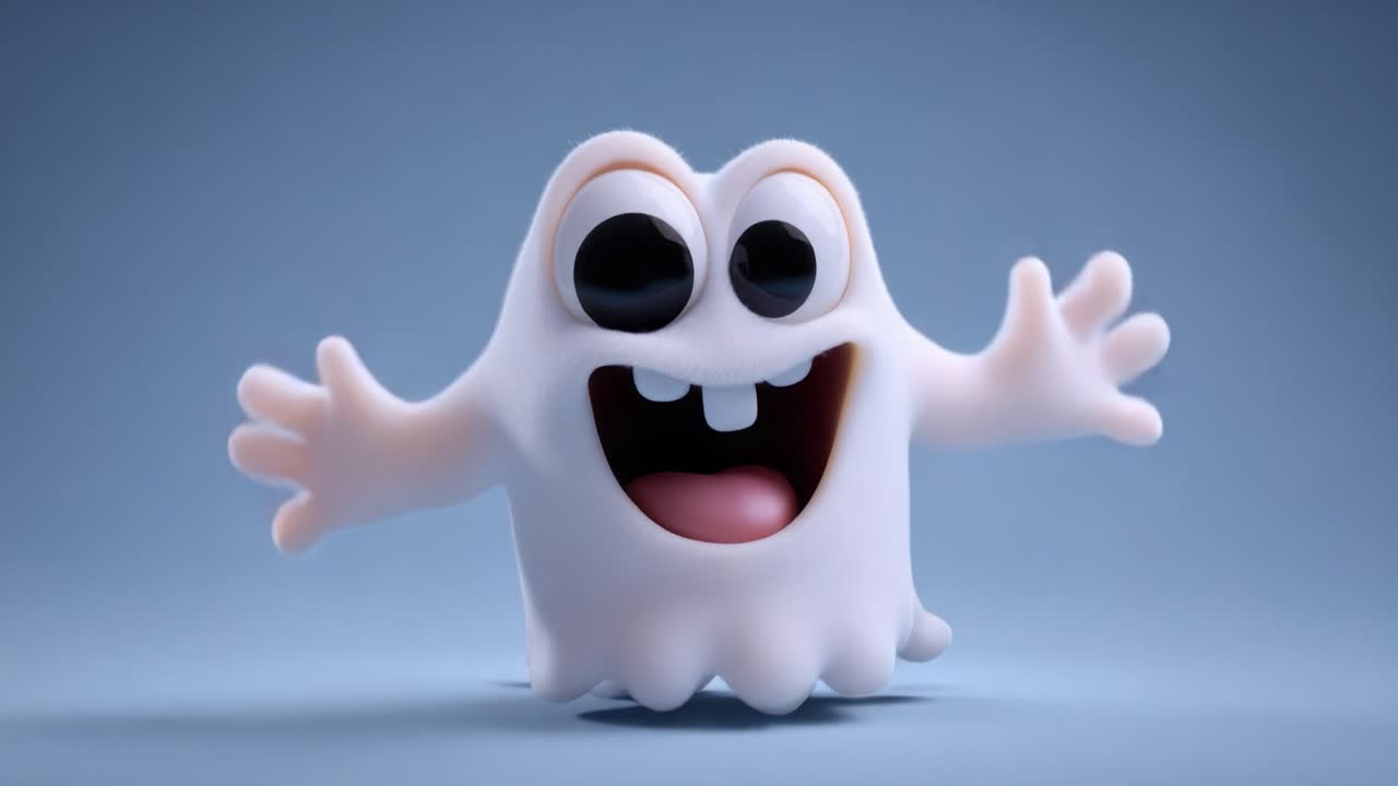 A playful and cheerful cartoon ghost character, complete with large expressive eyes and a wide toothy grin, showcasing a fun and friendly demeanor in an animated style