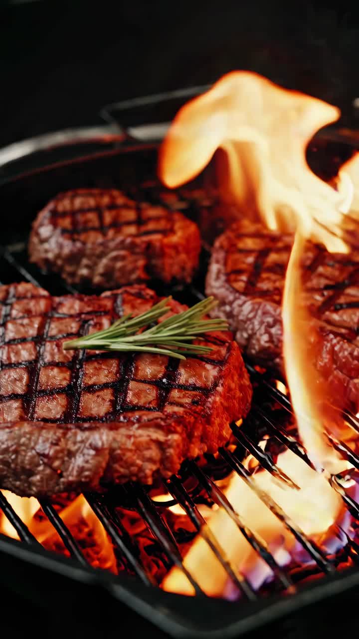 Close-up angle of sizzling steaks on a grill with flames, capturing the essence of a BBQ