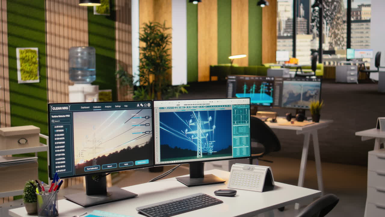 Power Line Tower Cad Design Displayed On Dual Monitors In Engineering Office