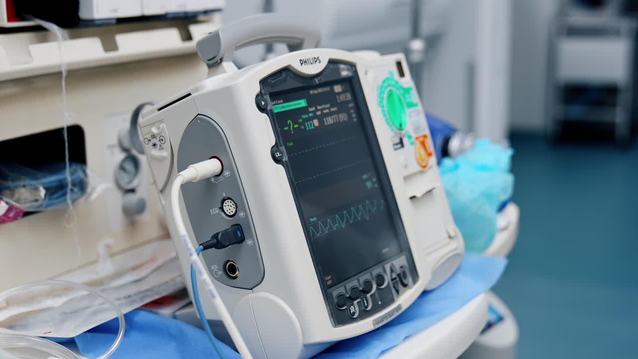 Advanced portable equipment working in the hospital ward. Apparatus showing the life signs of a patient under surgery.