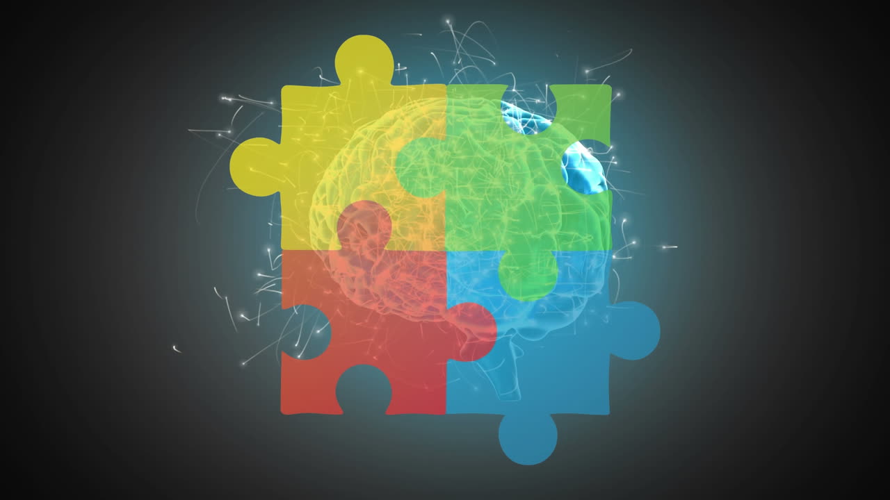 rompecabezas formando un cuadrado contra el giro digital del cerebro humano