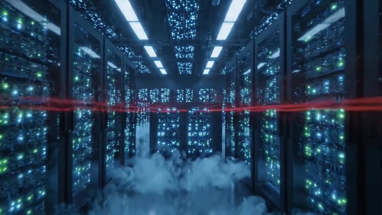 Et højteknologisk datacenter oplyst med blåt lys og tåge, der viser rækker af avancerede servere i et dynamisk og futuristisk miljø, perfekt til cloud computing og datastyring