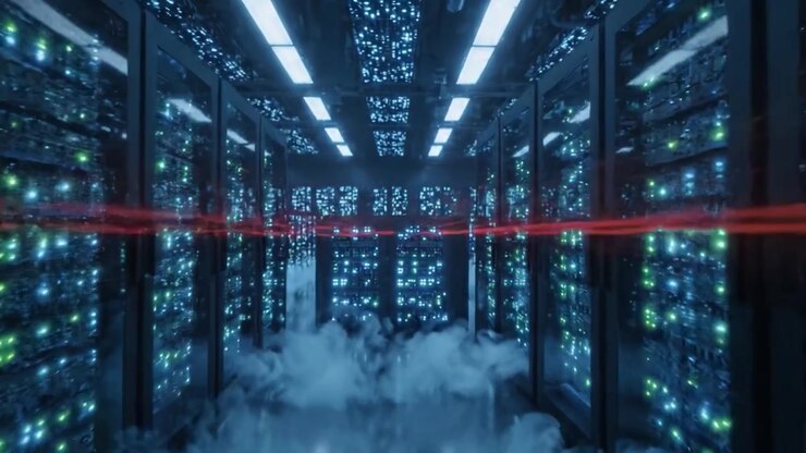 Et højteknologisk datacenter oplyst med blåt lys og tåge, der viser rækker af avancerede servere i et dynamisk og futuristisk miljø, perfekt til cloud computing og datastyring