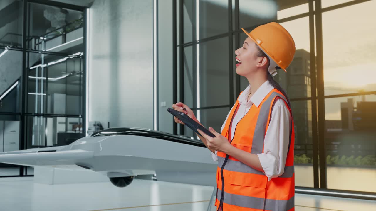 ingeniera femenina usando una tableta con un dron en una oficina moderna