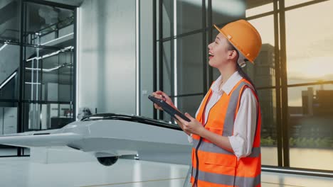 ingeniera femenina usando una tableta con un dron en una oficina moderna