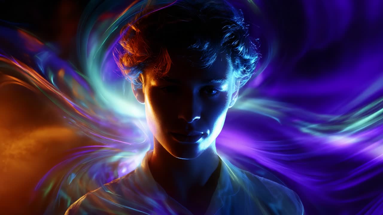 A captivating exploration of colors and emotions, showcasing an ethereal young figure surrounded by mesmerizing light swirls, embodying creativity and imagination in a vibrant dreamlike atmosphere