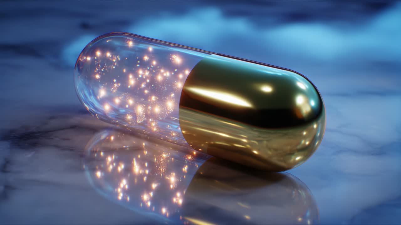 A mesmerizing view of a luminous capsule showcasing a golden end and sparkling interior, casting enchanting reflections on a smooth surface, evoking innovation and wonder in design and concept