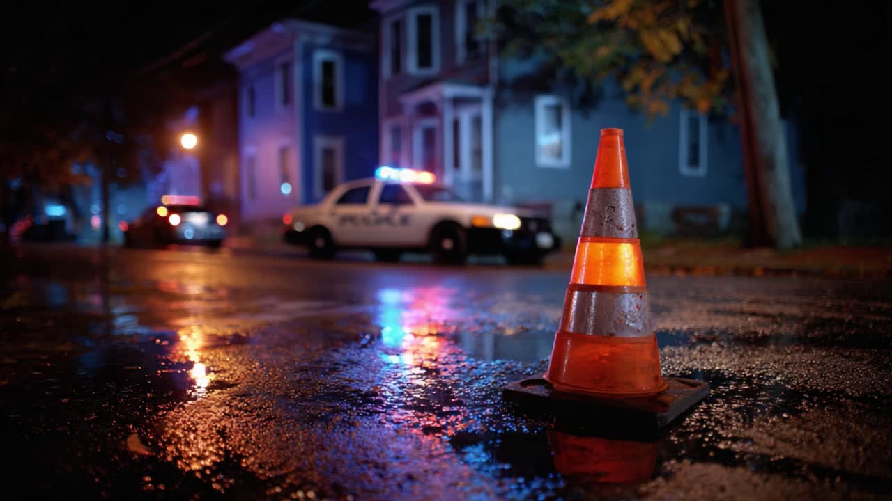 A Reflective Scene of Law Enforcement Activity at Night Featuring a Traffic Cone Illuminated by Police Lights on a Rain-Drenched Street
