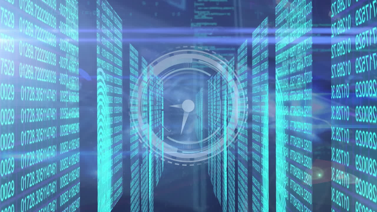 Animation of moving clock with light trails and data processing on black background