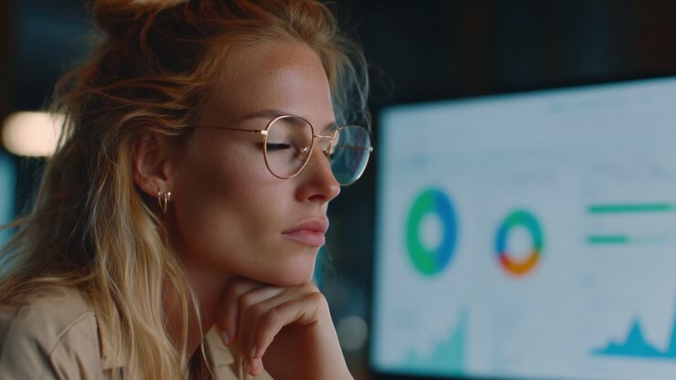 Fokusert profesjonell som analyserer data på en skjerm, eksemplifiserer dedikasjon og innsikt i et moderne arbeidsmiljø med grafer og diagrammer