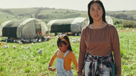 chicken, family and mother with girl on farm