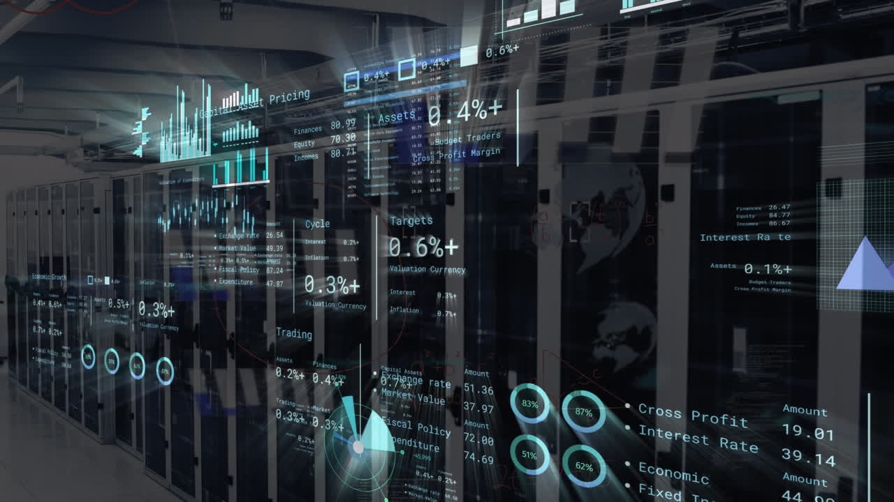 Animation of graphs, numbers and loading circles over globe against server room in background