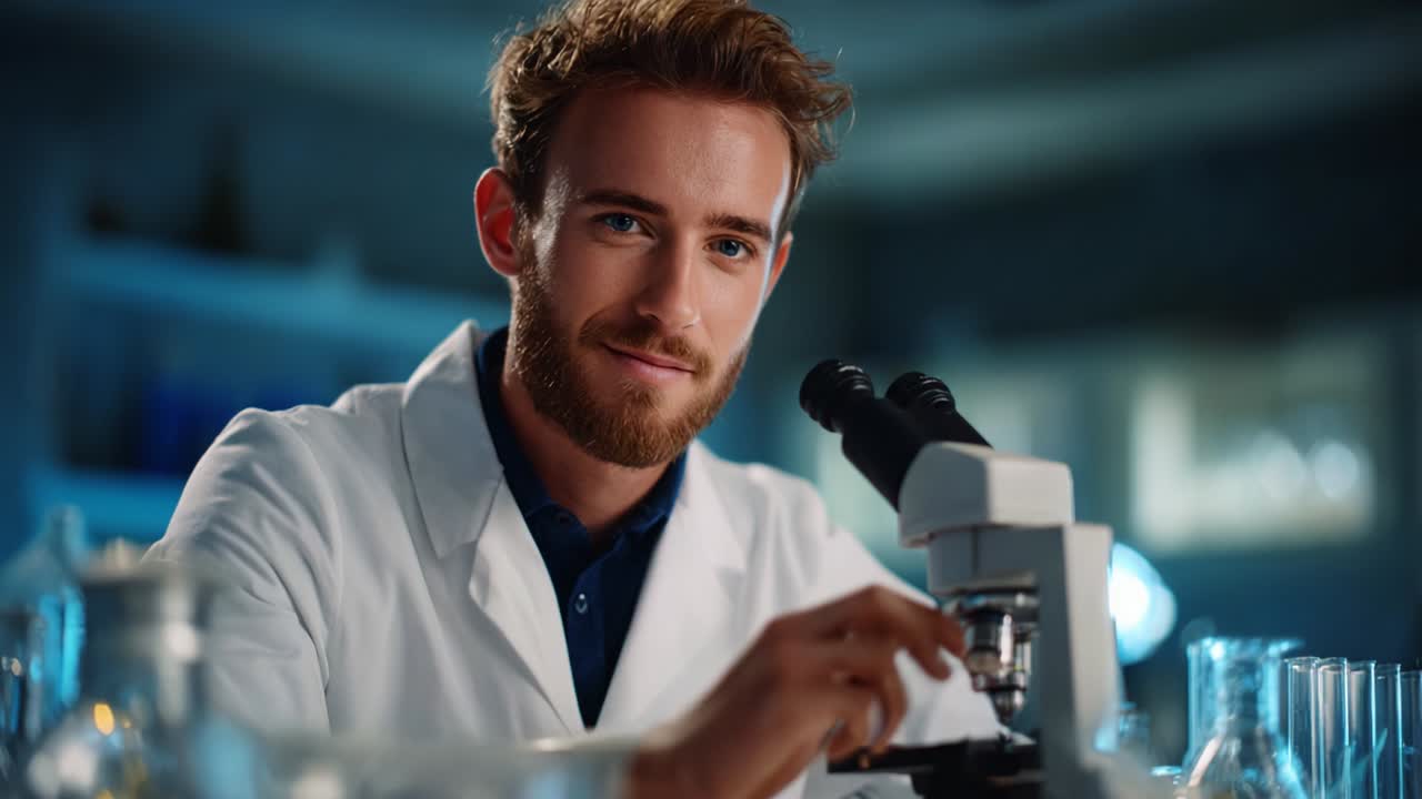 Focused Scientist Analyzing Specimen Under Microscope in Laboratory Setting, Showcasing Dedication to Research and Discovery, With Laboratory Equipment and Glassware in Background Adding to Scientific Atmosphere
