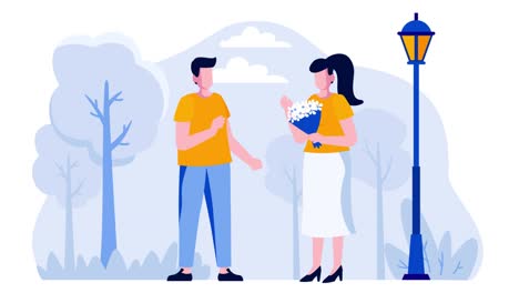 First-date-man-giving-woman-flower-bouquet-2d-flat-animation-4k