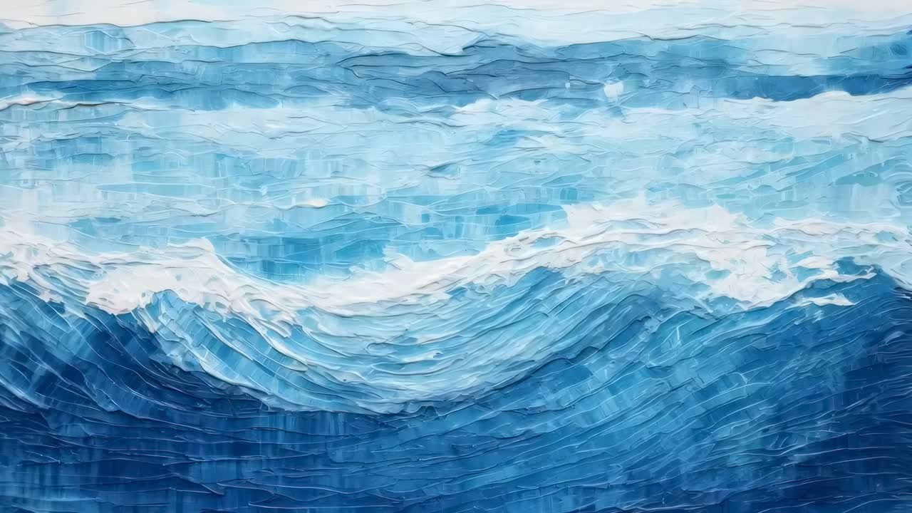 A textured painting of ocean waves in shades of blue, captured from a straight-on angle