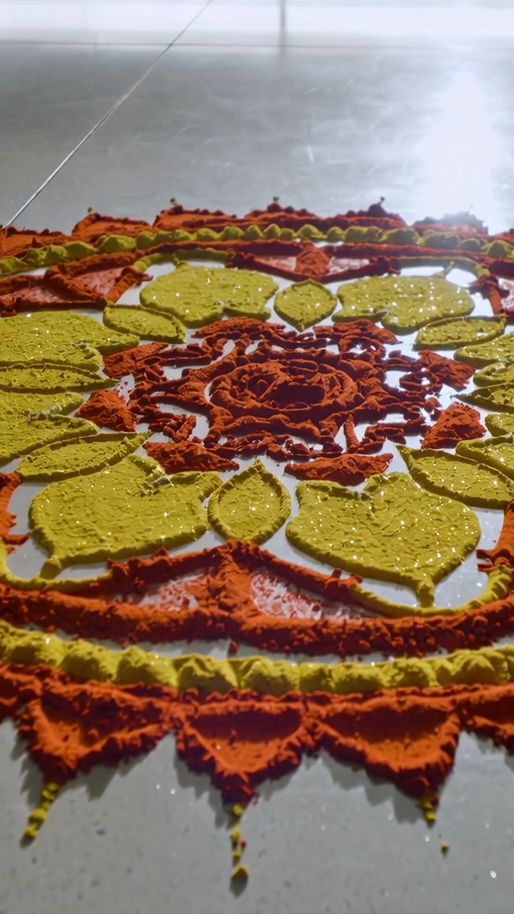Video verticale: La telecamera si allontana e si inclina verso l'alto su piastrelle lucide, rivelando un rangoli giallo scintillante.