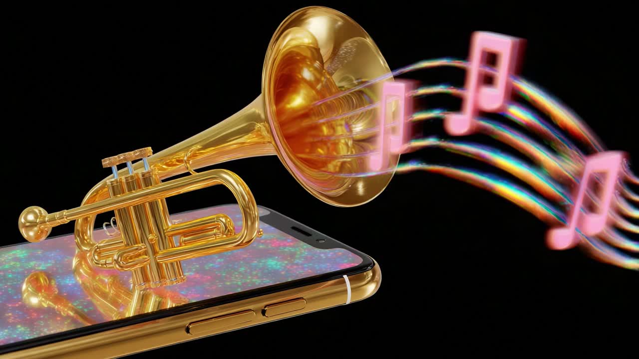 A Vibrant Musical Journey: A Golden Trumpet Emerges from a Smartphone Screen, Filling the Air with Colorful Notes, Blending Modern Technology and Classic Instruments in a Harmonious Display