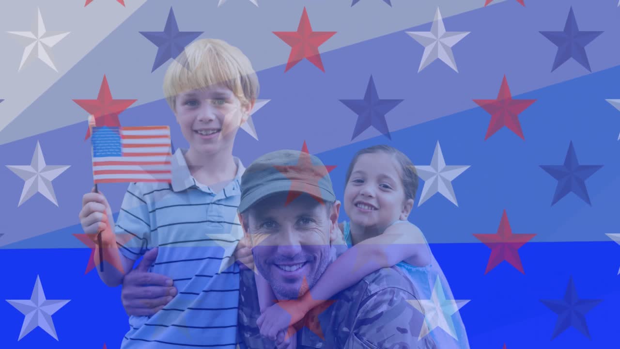미국  ⁇ 발의 별과 줄무 ⁇  위에서 웃는 군인 아버지와 아들과 딸의 구성