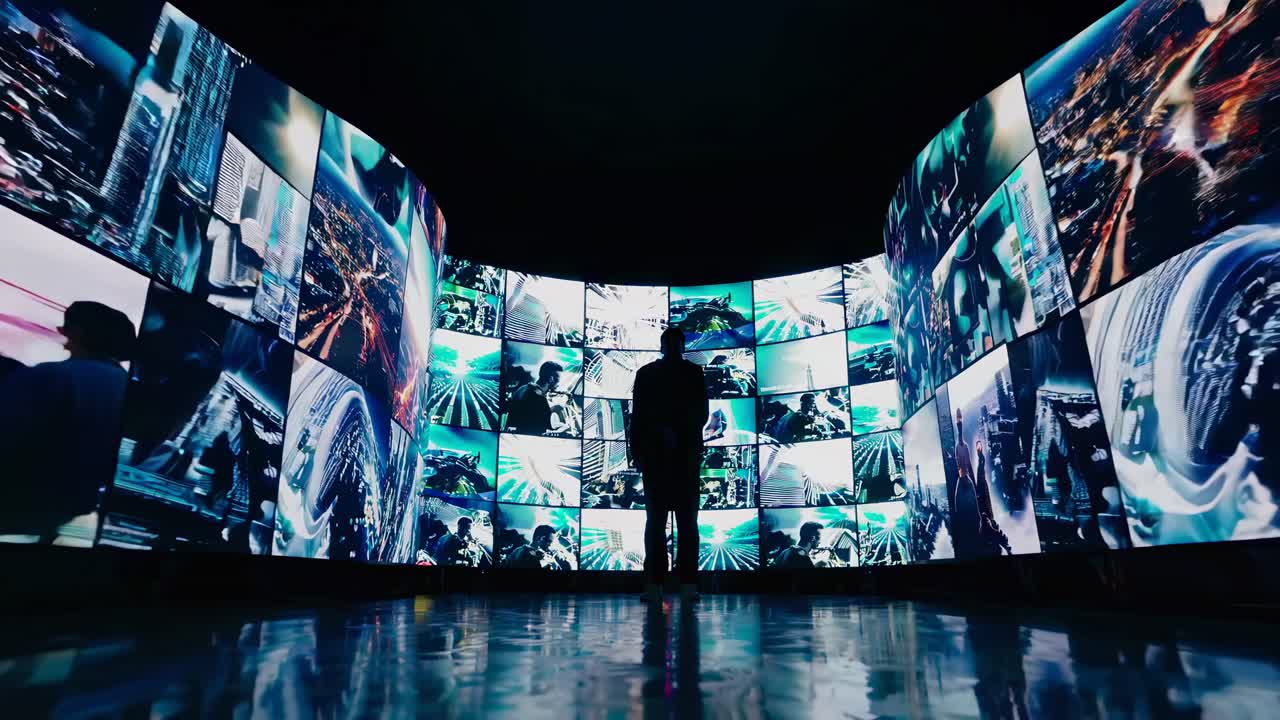 Silhouette of a person in front of a curved video wall displaying various images