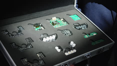 electronic components and circuit boards in a display case