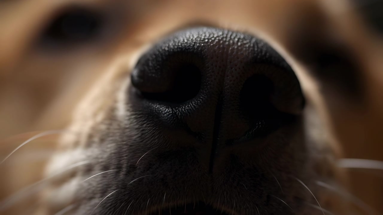 Yakın Çekim Köpek Burnu, Islak Doku, Altın Rengi Kürk Bıyıklar, Makro Detay, Sığ Alan Derinliği, Yumuşak Doğal Işık