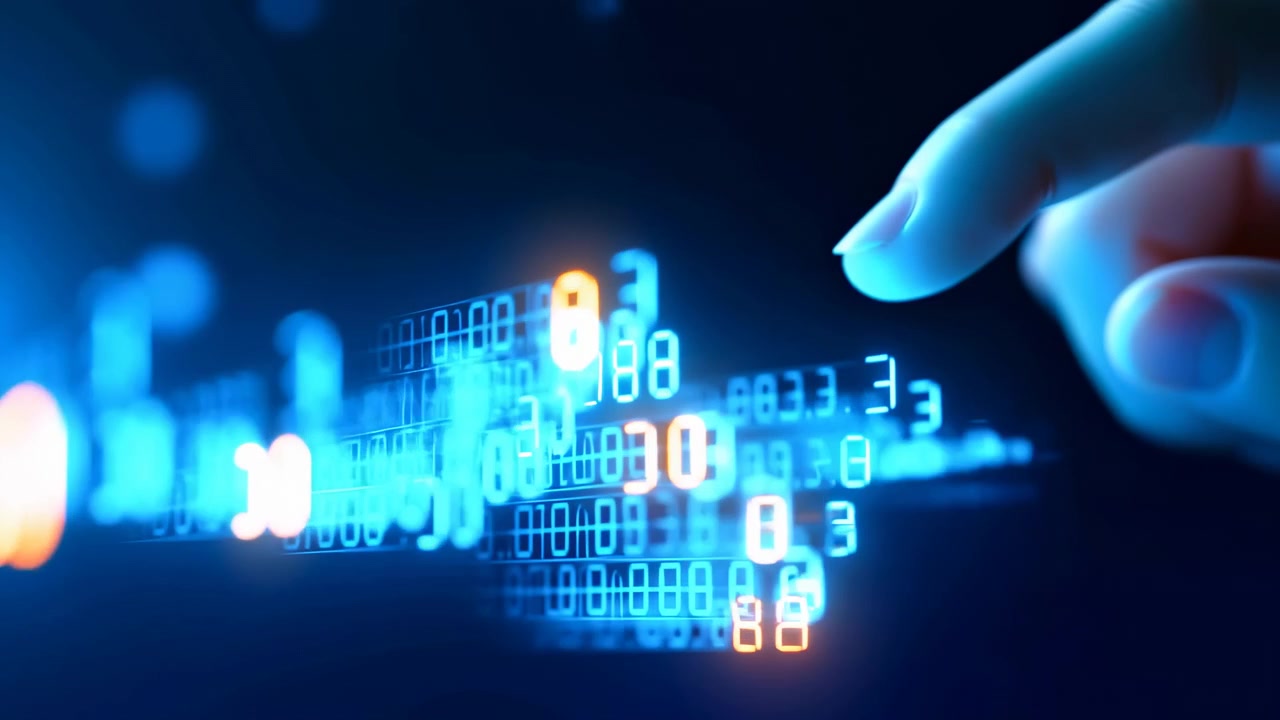 Close-up of a hand reaching from the upper right toward glowing blue numbers and light trails across a dark abstract background with soft bokeh and futuristic