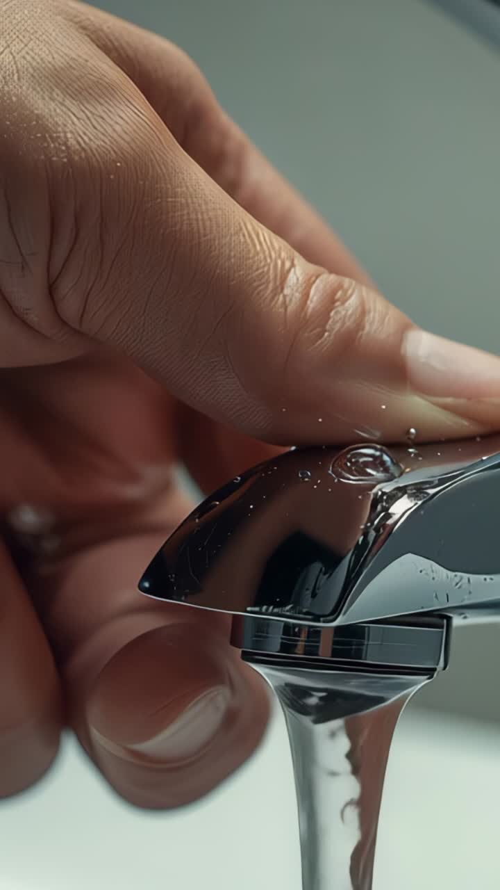 Vertical video: Pressing hand tilting chrome faucet lever at sink, releasing clear water into basin