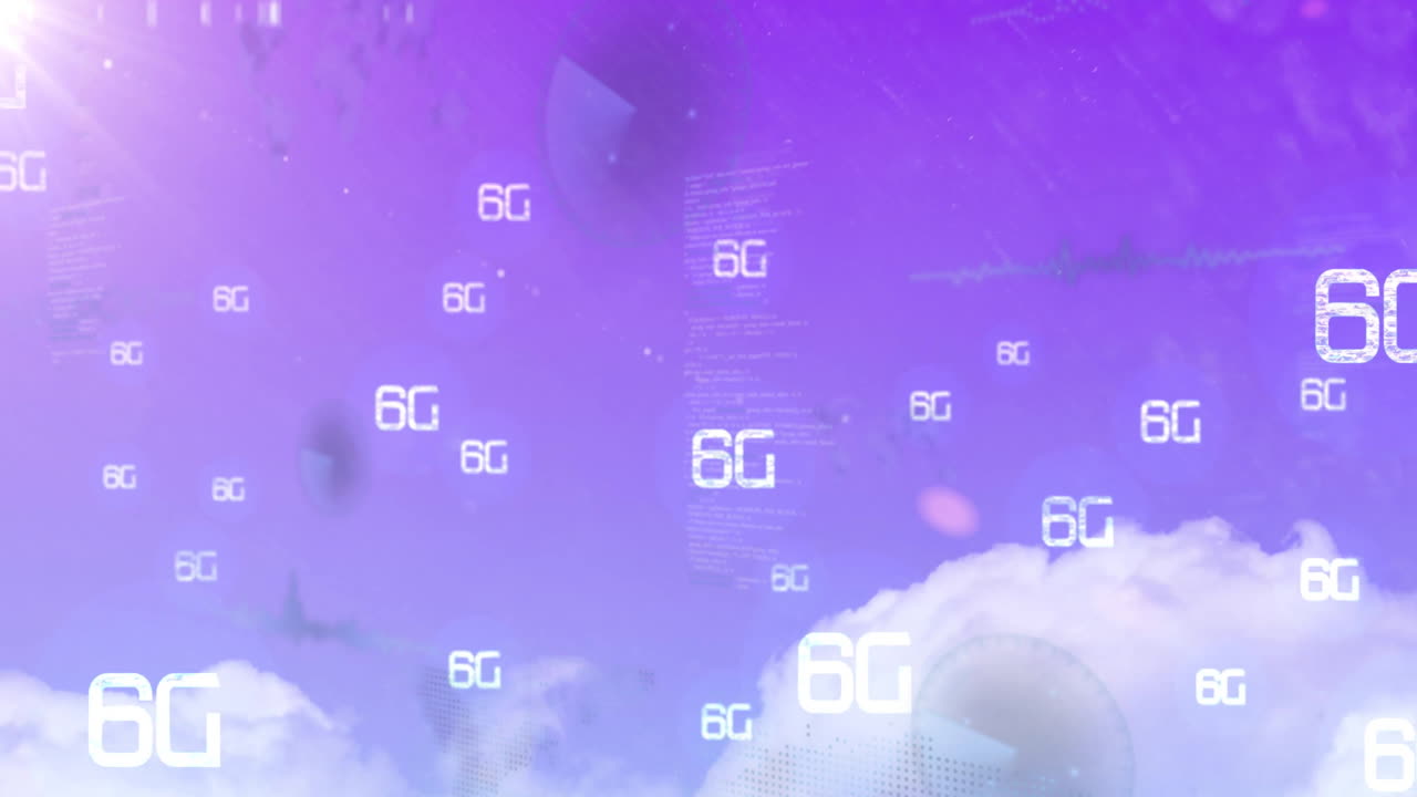 Animation of 6G technology text floating over clouds with purple gradient background