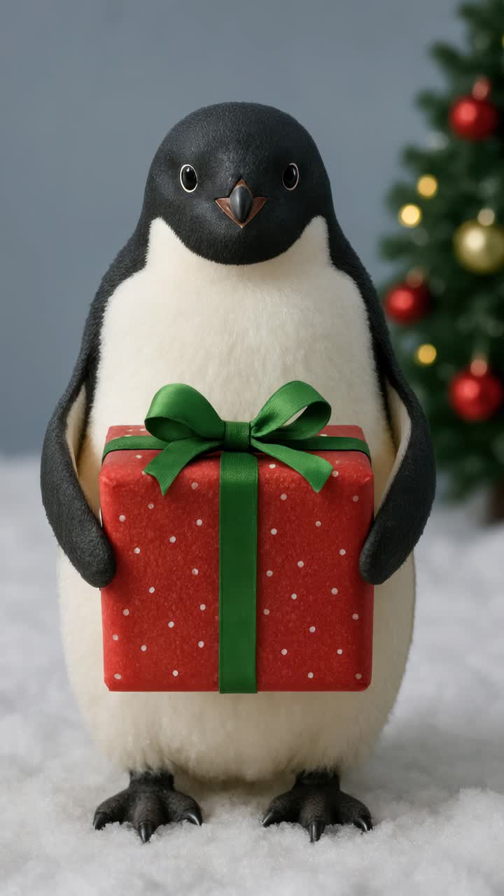 A front-facing video still of a penguin holding a red gift box with a green ribbon, set