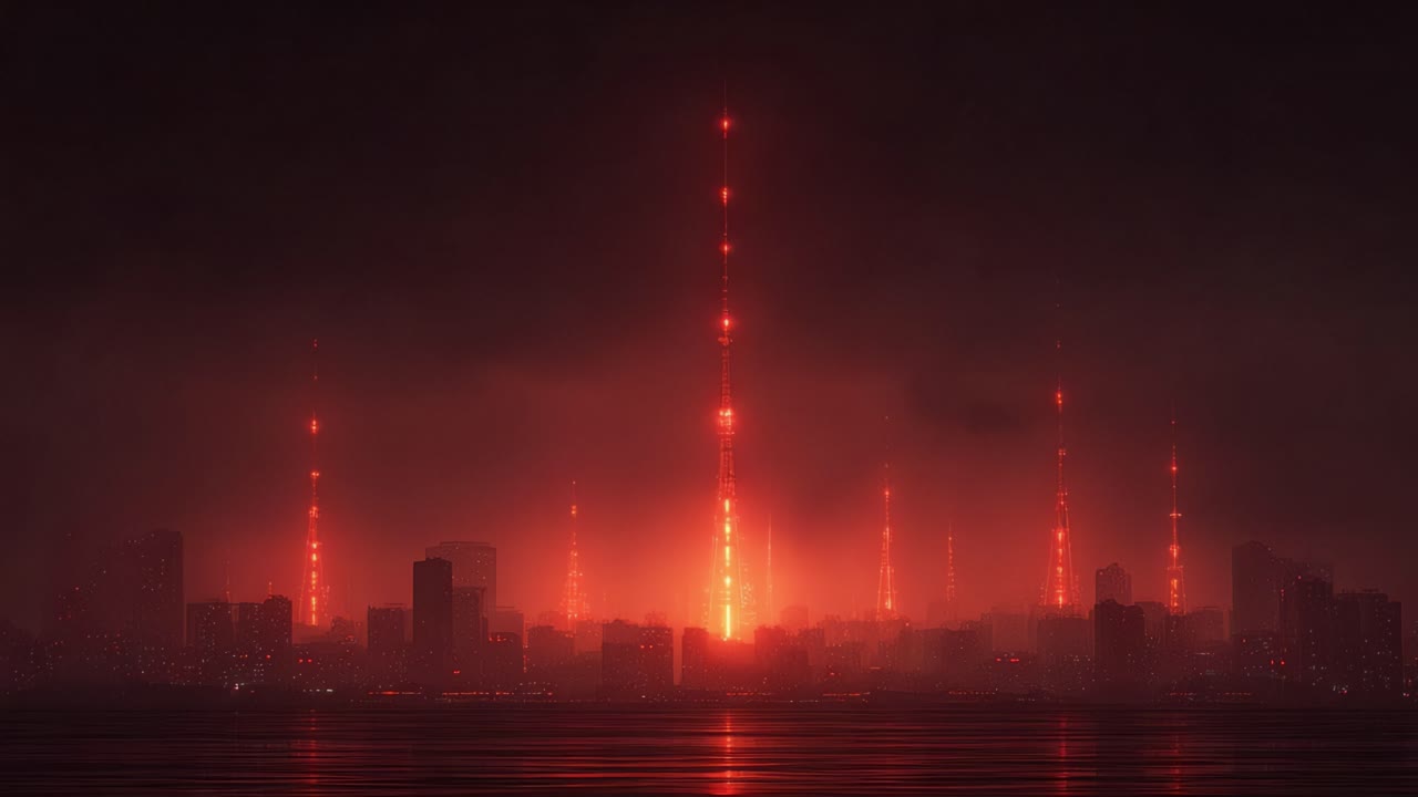 Apocalyptic vision of a futuristic city skyline with glowing red towers and skyscrapers shrouded in smoke and fog at night, creating a dark, dystopian, and cinematic science fiction atmosphere