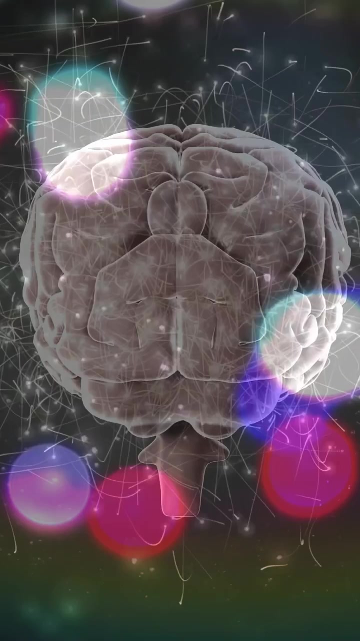 Vertical video: Bokeh pulse starting 3D brain rotating, pitching, filaments pulsing to map networks