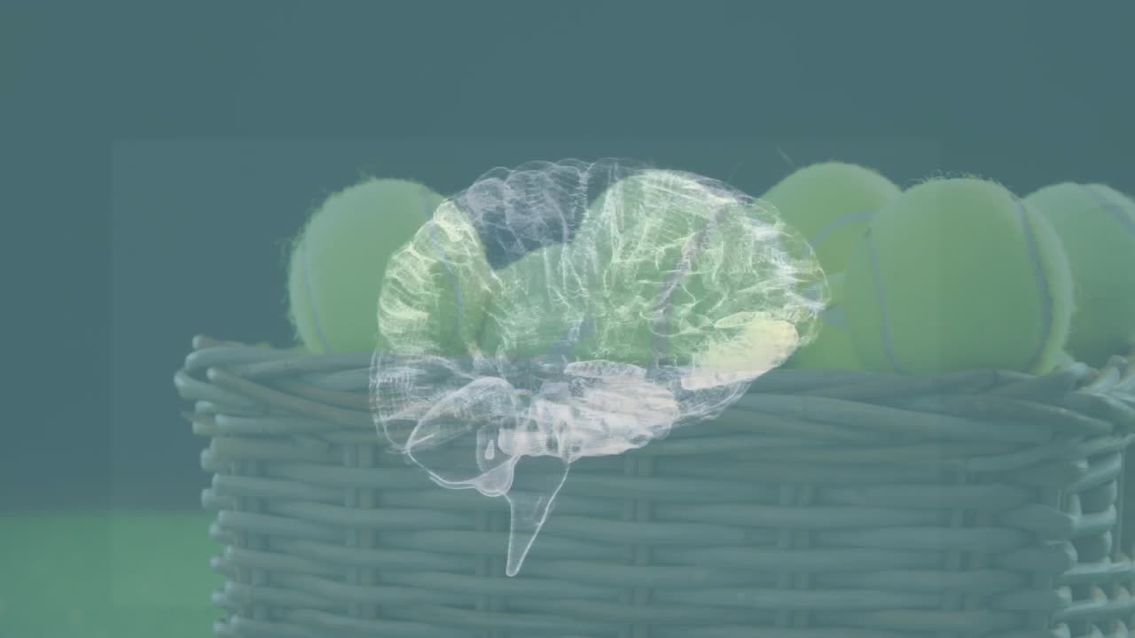 Wicker basket holding yellow tennis balls, being overlaid by floating wireframe brain hologram