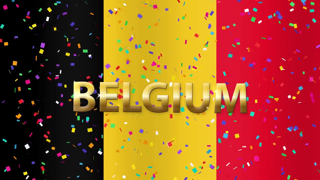 Bandiera nazionale animata del Belgio che sventola con testo dorato e vivaci coriandoli che cadono