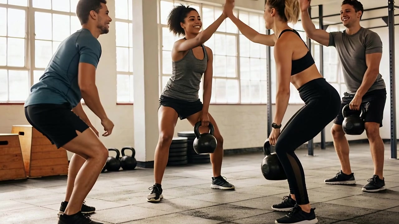Lowering kettlebell left man reaching after set high-five group smiling doing squats in studio gear