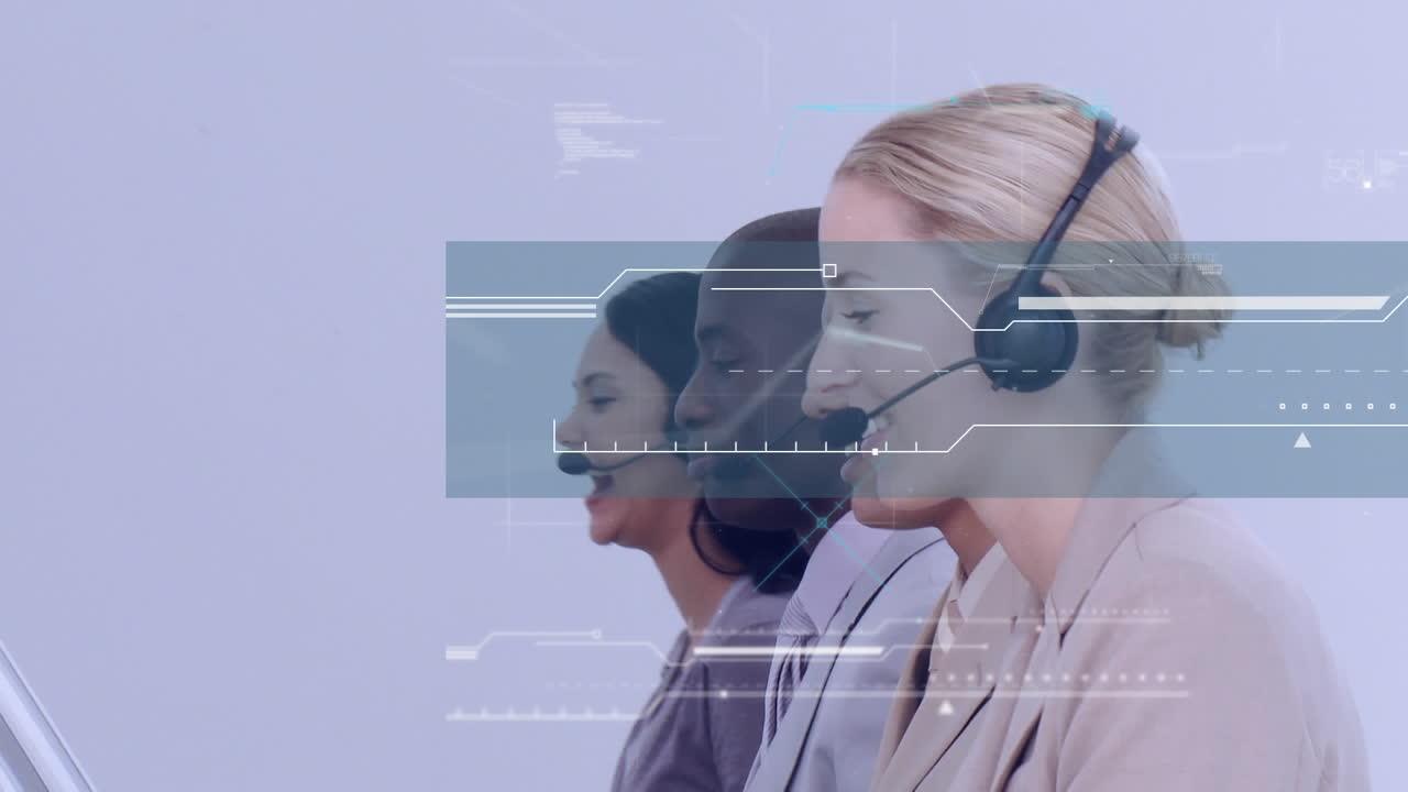 Animation of data processing over business people using phone headsets
