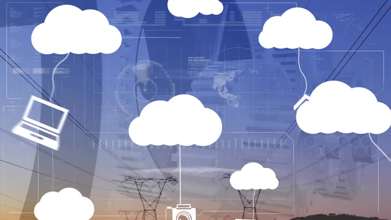 animación de nubes con dispositivos tecnológicos sobre nubes digitales con dispositivos electrónicos en el fondo azul