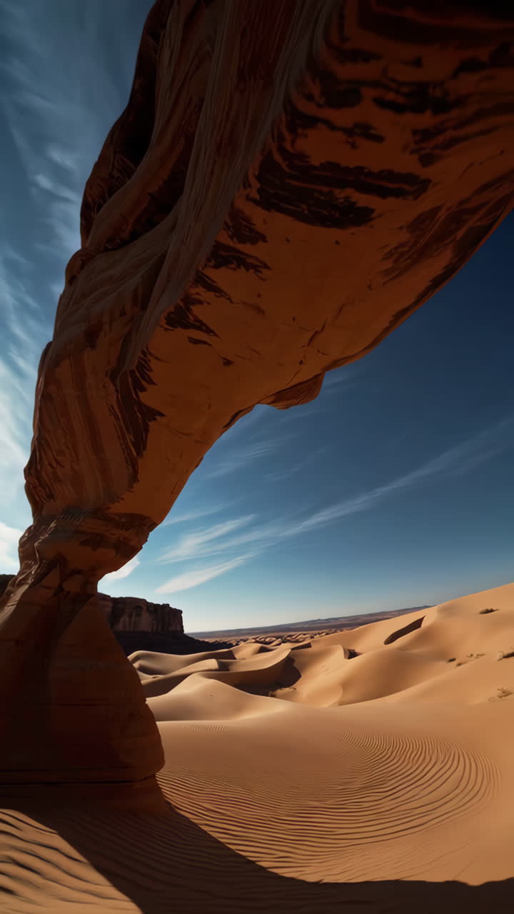 Arco naturale nel deserto con dune di sabbia e un cielo azzurro