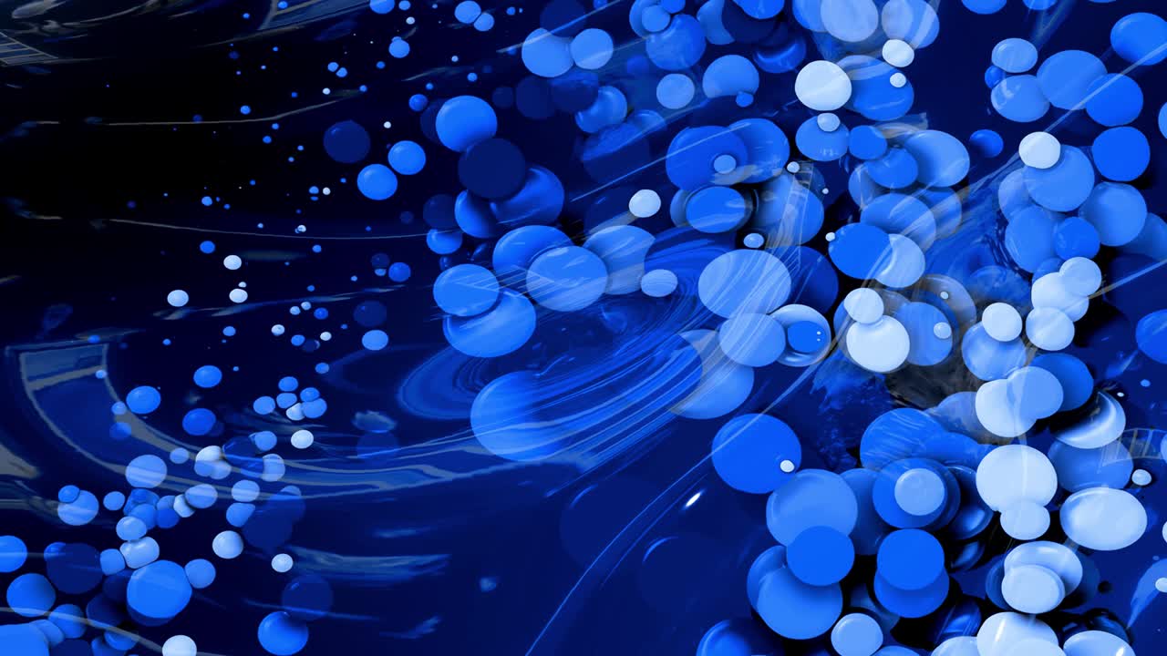 아름다운 추상적인 반이는 표면의 은 은 배경은 파란색 액체와 같은 파란색 물결과 함께 원은 기름에 페인트의 물방울처럼 떠 있습니다. 4k에서 파란색 색 gradient를 가진 창의적인 배경.