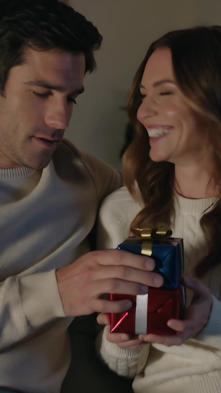 Video verticale: Un uomo si allunga e posiziona un regalo blu su una scatola rossa sul divano, una donna sorride indossando capi in maglia leggeri.