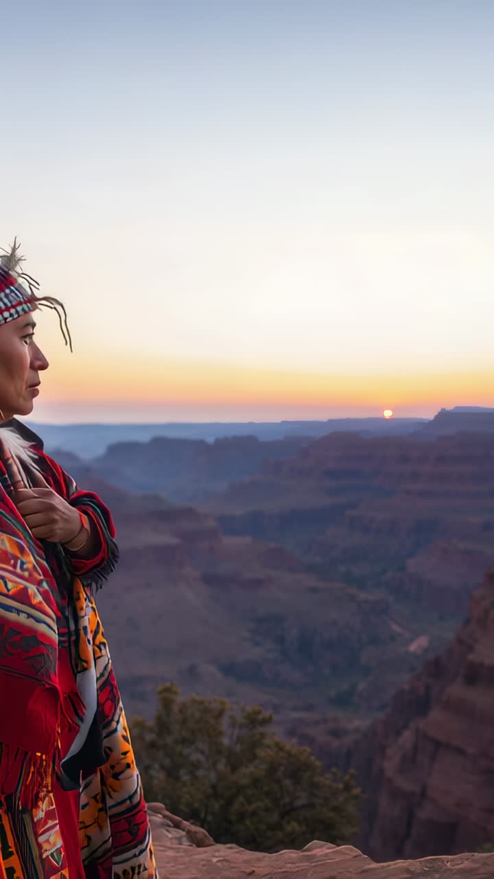 Vertical video: Standing man wearing feathers holding poncho on canyon rim, sun rising, copy space