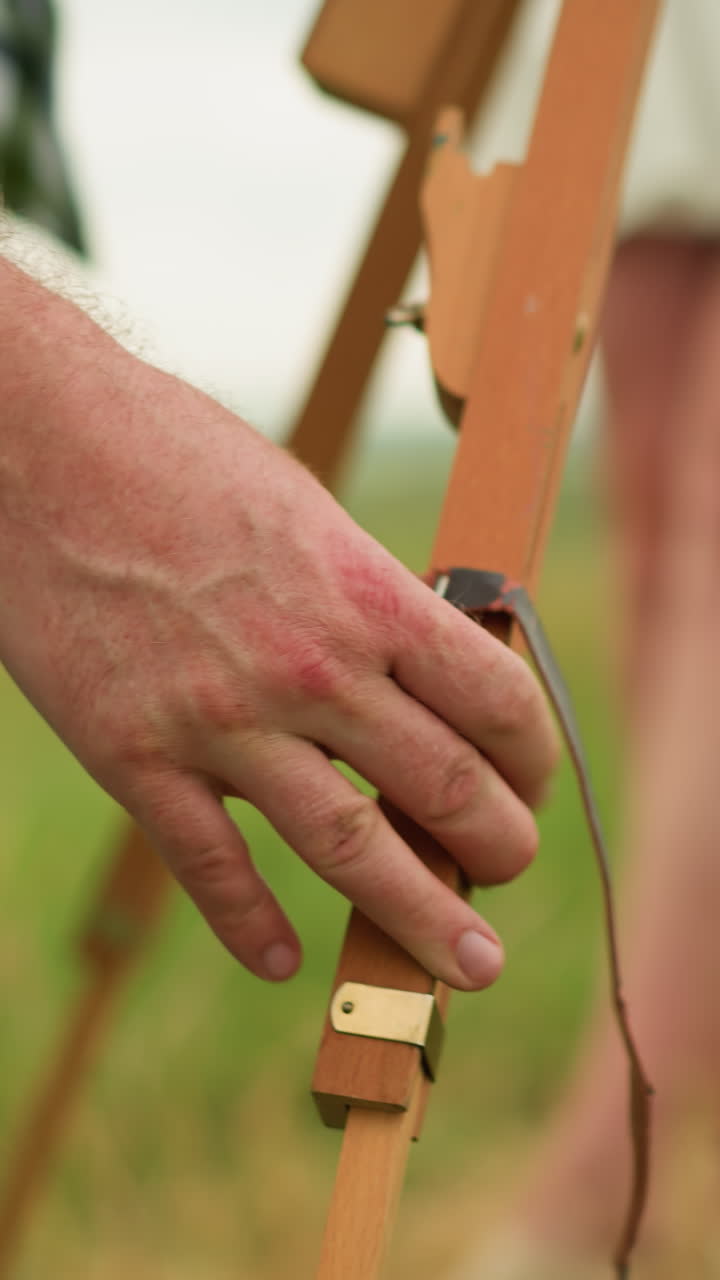 A close-up shot of a man's hand, dressed in a checked shirt, carefully adjusting a wooden tripod outdoors. A woman's leg is visible in the background